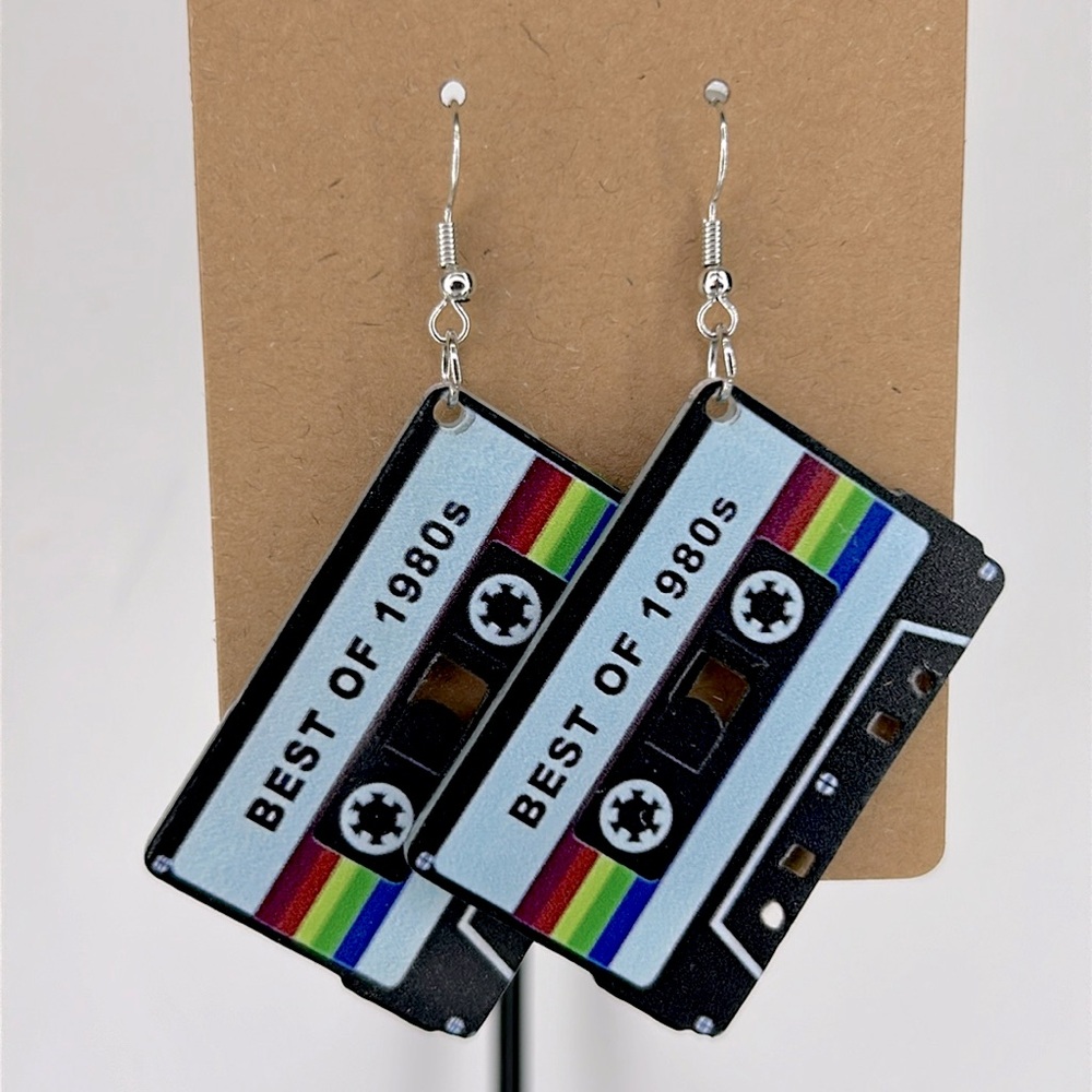 80’s Cassette Tape Dangle Earrings 2D Acrylic Cartoon Fashion Jewelry - Picture 4 of 4